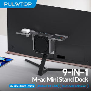 PULWTOP Mac Mini M4 Hub with M.2 SSD Enclosure HDMI 4K USB A 10Gbps Metal Bracket Holder for Monitor Desk and VESA Port