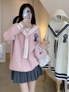 plus Size Navy Collar Preppy Style Womens Sweater Autumn 2024 New Sweet Soft Knitted Top Slimming Meat Covering Upper Body