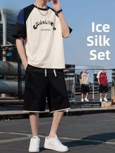 ROMON | Romon Mens Summer Casual Thin Cool Round Neck Short Sleeve Shorts Set Cotton Polyester Blend Comfortable Breathable Two-Piece Suit