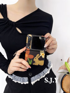 Fashionable Grey Floral Rabbit Foldable Screen Phone Case with Hole Lanyard Leather Cover for Huawei Xiaomi OPPO Female Crossbody Side Carry Style