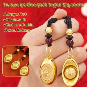 Twelve Zodiac Gold Ingot Keychain Fortune Security Hanging Ornament Chinese Feng Shui Pendant