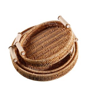 ถาดพลาสติกทรงกลมลายหวาย 1/3 ชิ้น ตะกร้าใส่ขนมปัง สีน้ำตาลอ่อน พร้อมหูจับไม้ สำหรับใช้ในบ้าน ห้องนั่งเล่น ใส่อาหารเช้า