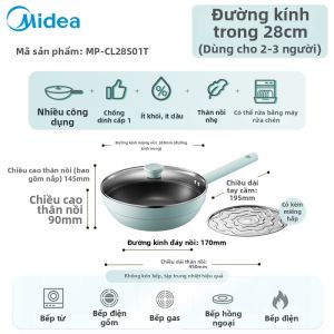 Midea | Chảo Đa Năng Không Dính Thu Nhỏ Dầu cho Bếp Gas và Điện