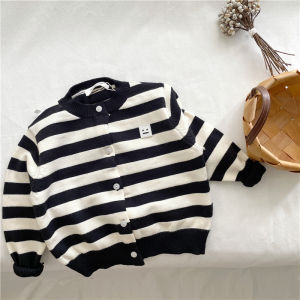 Autumn New Knitted Cardigan for Boys And Girls Baby All-Match Top Trendy Striped Core-Spun Yarn Long Sleeve round Neck Sweater