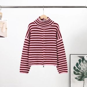 Casual Knitted Stripe Cardigan Women Loose Full Flare Sleeve Zipper Stand Collar Sweater Female 2026 Autumn All-match Sweaters