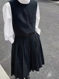 ชุดกระโปรงสั้นแขนกุดผ้าขนสัตว์แบบมีดับเบิ้ลฟิตติ้ง ชุดแฟชั่นฤดูใบไม้ผลิและฤดูใบไม้ร่วง ชุดกระโปรงสั้นสไตล์เกาหลีสำหรับผู้หญิง