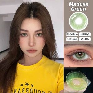 O2GILR Hot Sale Popular Fashion 2Pcs Graded(0~-8.00) Brown Green Blue Colored Contact Lens With Power Big Eyes Natural soft Lens Yearly Use 14.2mm美瞳