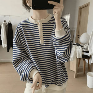 หลวม Fit คอกลมลายทาง เสื้อสเว็ตเชิ้ต ผู้หญิง ฤดูใบไม้ร่วง ขี้เกียจขนาดเล็กไม่มีหมวกแขนยาว เสื้อท่อนบน ลำลอง สไตล์ญี่ปุ่นต่อต้านวัย