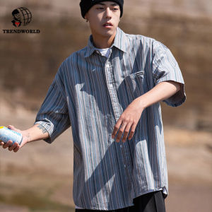 Men Casual Shirt Ins Retro Tooling Shirt Japanese Striped Shirt Loose Short-sleeved Mens Summer Hong Kong Trend Brand