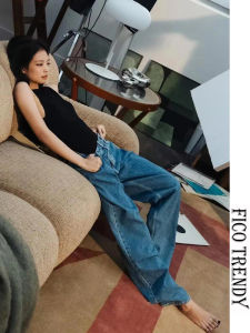 High Waist Original Label Jennie Womens Jeans Low Waist Straight Leg Blue Denim Pants 24S Letter Vintage Style Cotton Stretch