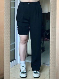 plus Size Womens Black Straight Leg Suit Pants Fleece Lined Autumn Winter Trousers Slimming Drapey Wide Leg Pants