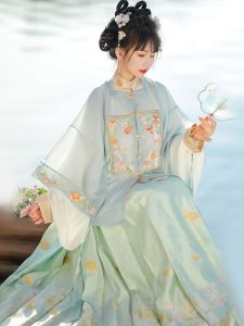 Original Womens Ming Dynasty Hanfu Ensemble New 2024 Daily Style Spring Seasonal Horse Tail Skirt Set Handwoven Brocade
