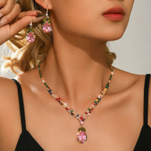 3 Pieces of Colorful High-End Zircon Necklace Earrings Set for Wedding Banquets Parties Birthdays and Anniversaries as Gifts