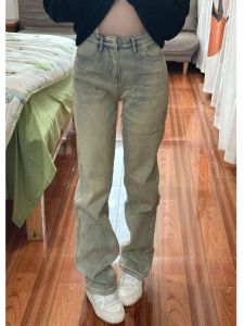 Quần Jeans Denim Dye Mud Ống Thẳng Co Giãn Cạp Cao Cho Nữ Quần Dài Đến Sàn Ôm Dáng Ôm Dáng Quần Jeans Thường Ngày