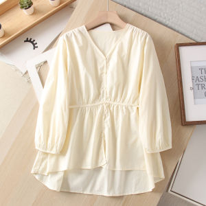 Slimming V-Neck Waist-Cinching Belted Three-Quarter Sleeve Shirt Women Solid Color Simple National Style Korean Loose Fit Cotton