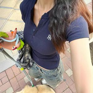 NLONKE 2025 Short Sleeved T-shirt Women Slim Fitting Embroidered T-shirt Casual Versatile Top