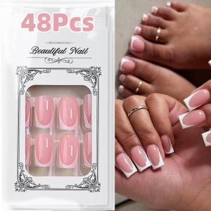 48/144Pcs French Tips Press On Fingernails+Toenails Short Square Fake Hand Foot Nails Kit White Edges French False Nail Foot Tip