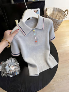 Shalldoer | Áo Thun Knit Tay Ngắn Cổ Đối Chiếu Sọc Xám