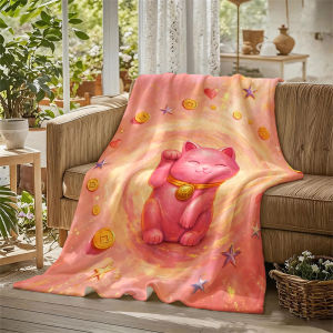 Pink Lucky Cat Coins Stars Flannel Blanket Perfect for Sofa Office Bed Travel Sleep Read Relax Camping Four Season Use