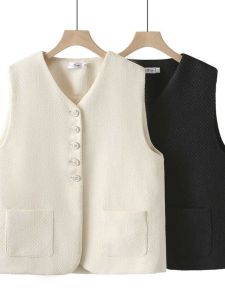 V-Neck Tweed Vest Double Pocket Retro Style Spring Autumn Suiting Jacket Backless Top for Women plus Size Fashion Commute