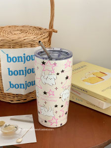 Portable Star Little Dog Straw Cup Large Capacity Insulated Stainless Steel 304 Coffee Cup Cute Girls High Aesthetic Value