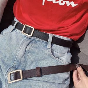 PICKIT แฟชั่นสำหรับผู้หญิง ลำลองแบบสบายๆ วินเทจ เข็มขัดหนังแท้ สายรัดเอวบาง สายคาดเอวแบบไม่มีรูพรุน เข็มขัดชุดกางเกง