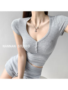 Anti-Aging American Low Chest Button V-Neck Knitted Short Sleeve T-Shirt Womens Retro Summer Slim Fit Short Tight Belly-Baring Top