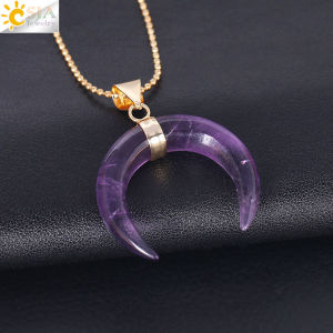 CSJA Natural Stone Crystal Necklaces Crescent Moon Pendants Tiger Eye Pink Quartz White Stone Gold Color Reiki Women F306