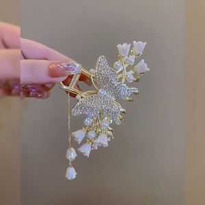 MTS Pearl Rhinestone Lily of the Valley Metal Claw Clip Elegant Hair Updo Clip with Wheat Spike Design & Tassel Clip Fashion Accessories Accessories Hair Accessories
