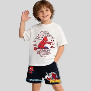 Hot Toys | 2026 Spider-Man Childrens Pure Cotton Short-Sleeved Shorts Set for Boys - Boys Sportswear with Cartoon Print - Summer T-shirt