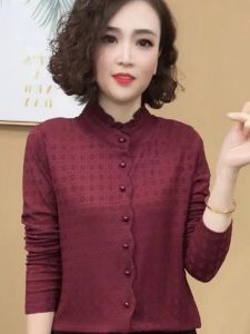 เสื้อเชิ้ตคอตตอนยืดแขนยาวสำหรับผู้หญิง ฤดูใบไม้ร่วง 2025 ฤดูหนาว 2025 แฟชั่นใหม่ ขอบไม้กางเขน ปักลาย ขนแกะ ทรงหลวม ปกติ