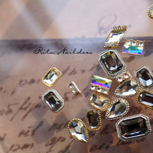 Rita Dark Nail Art Decorations Waterdrop Long Octagonal Elliptical Rainbow Diamond Nail Gem Flat Bottom Vintage 4pcs