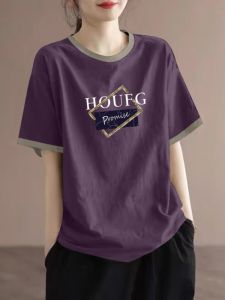 Pure Cotton round Neck Short Sleeve T-Shirt Womens Summer New Arrival Loose Anti-Aging Fashion Flab Hiding Bottoming Shirt Western Style Color Matching Top