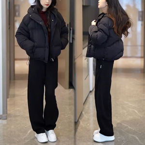 Trendy Warm Cotton Jacket And High Waist Casual Pants Two Piece Set for Women Winter New Style Youthful Outerwear