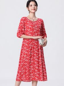 Summer 2025 Large Size Loose Midi Floral Cotton Silk Dress Womens Holiday Style Short Sleeve Printed Skirt A-Line Gown
