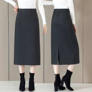 High Waist Straight Cut Acetate Woolen Skirt Womens Autumn Winter Long Midi Skirt with Slit Business Casual Style