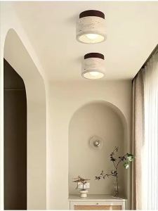 Yellow Travertine LED Ceiling Lamp Japanese Wooden E27 Downlight Round Wood Light for Living Room Corridor Porch Balcony