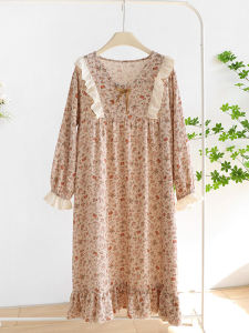 Vintage Floral Nightdress Womens Pajamas Spring and Autumn Cotton Gauze Long Sleeves Long Dress Summer Thin
