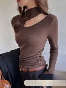 MiiOW | เสื้อยืดคอปกสูงครึ่งตัวสไตล์เซ็กซี่ สำหรับผู้หญิง ทรงสลิมฟิต เส้นใยเซลล์ulos ปกติ แขนยาว ปกติ เสื้อผ้าทำงาน