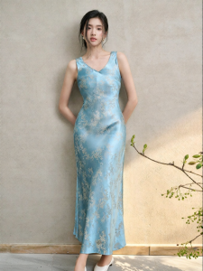 JK＆JS | Elegant Long V-Neck Silk-screen Print Vest Dress New Chinese Style Holiday Wear High Waist Summer Season Ladies Fashion