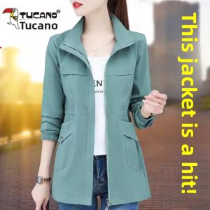 TUCANO Mid-Length Zipper Collar Coat Womens Spring Autumn plus Size Drawstring Pure Color Windbreaker Casual Outerwear