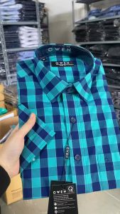 OWEN SALE - Áo Sơ Mi Owen Tay Ngắn Màu Xanh Lá- Navy Họa Tiết Caro Form Body Fit Lai Ngang Chính Hãng