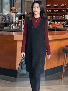 Elegant Luxury V-neck Vest Dress Set Womens Autumn Winter New Style Base Shirt Dress Vest Dress Set Small Fragrance Style