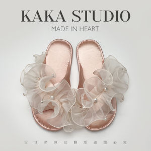 French Romantic Pearl Lace Satin Cross Slippers Indoor Soft Bottom Home Anti-slip Ladies Sandals Spring Autumn Women Slippers