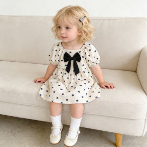2026 New Summer 2-6Yrs Clothing Kids Princess Cotton Heart-shaped Dress Puff Half Sleeved Baby Girl Birthday Party Bow Dress