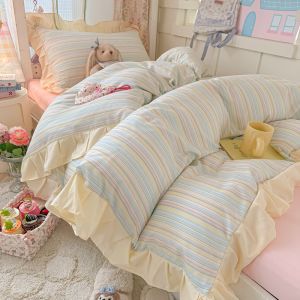 Dansunreve 3in1/4in1 tấm phẳng duy nhất/Nữ Hoàng/Vua Ra Bọc Nệm Ruffle ren sọc/kẻ sọc Bộ bọc chăn ký túc xá sinh viên Bộ vỏ chăn ga gối