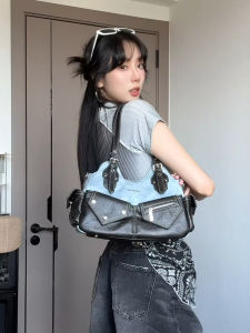 กระเป๋าสะพายข้างผ้าเดนิมสีบล็อกสไตล์วินเทจแบบสะพายข้างสำหรับผู้หญิง กระเป๋าสะพายข้างแบบมีสายรัดแบบลำลองสำหรับใส่ไปทำงานและวันหยุด
