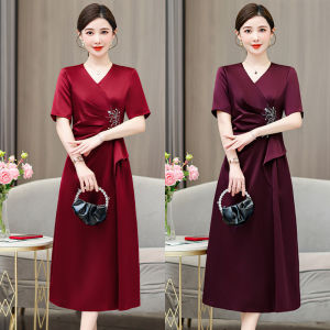 Elegant Burgundy Mother Wedding Dress 2025 New High-end Plus Size 4XL Wedding Banquet Dress for Mother Fashion Acetate V Neck Dinner Evening Long Dresses