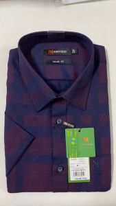 Sơ Mi Sọc Ngang Tay Ngắn Xanh Navy - Đỏ Tía Form Tailor Fit Chống Nhăn Lai Bầu - Áo Nam Khatoco