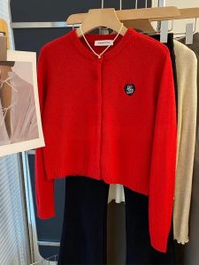 New Year Red Knitted Short Cardigan Womens Soft Cozy Sweater Outerwear Spring Autumn Winter Love Embroidery Fashion Top